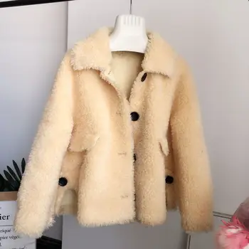 

Real Sheep Shearling Fur Solid Color Short Jacket with Pockets Chic Single Breasted Turn-down Collar Short Coat for Women