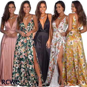 

RCWC 2020 summer sexy dress women's V-neck zipper leaking back printed flower split printed beach long woman dress