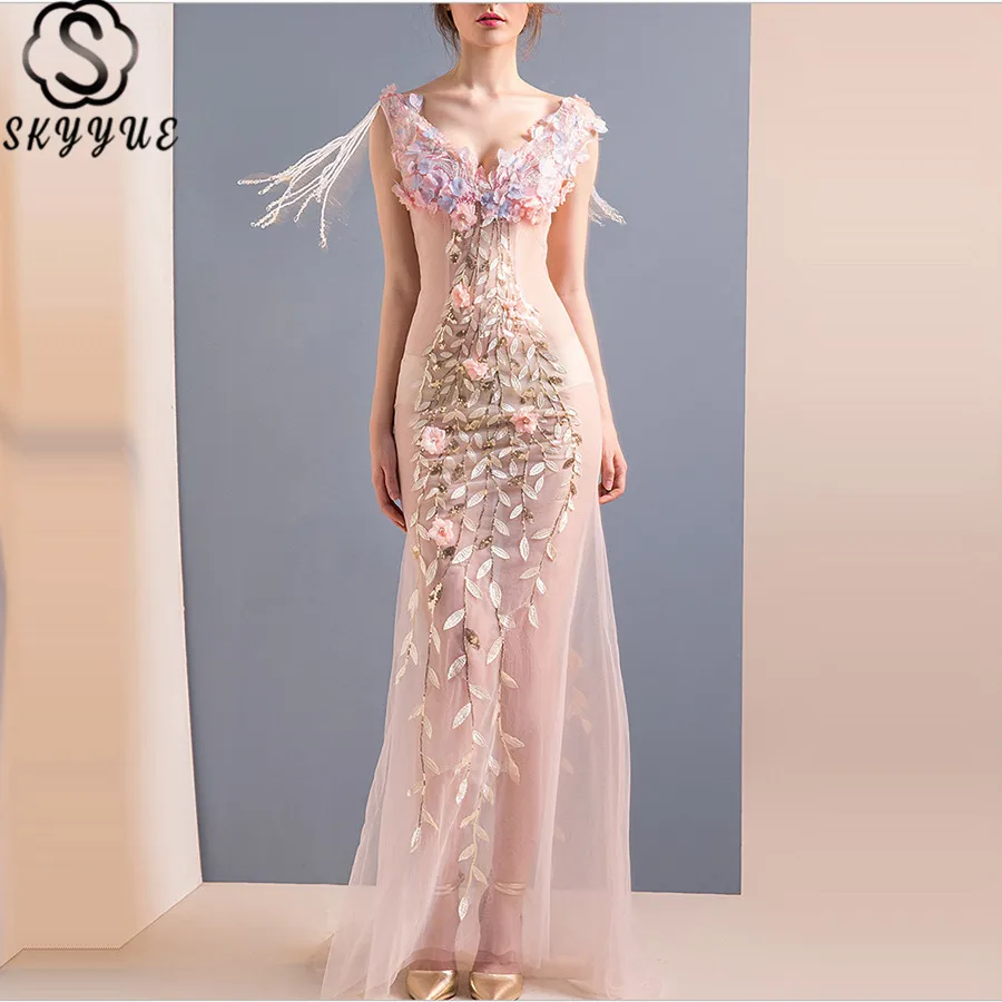 

Skkyue Evening Dress Tank Sleeveless Lace A-Line Evening Dresses Long Crystal Sequined Perspective Robe De Soiree H016