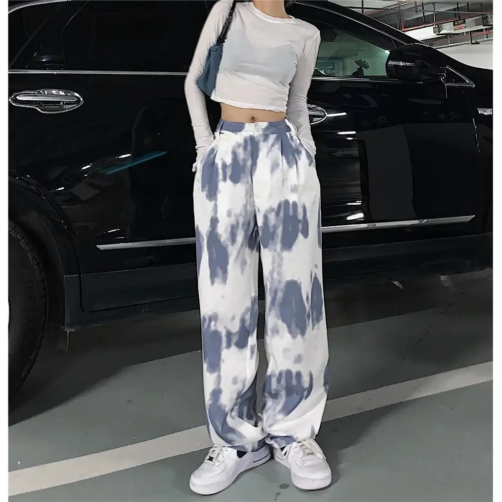 

Tie Dye Hip Hop Pants Women's 2020 Korean Straight Pants Loose Slim Wide Leg Pants Casual Ankle Striped Pants Streetwear Women