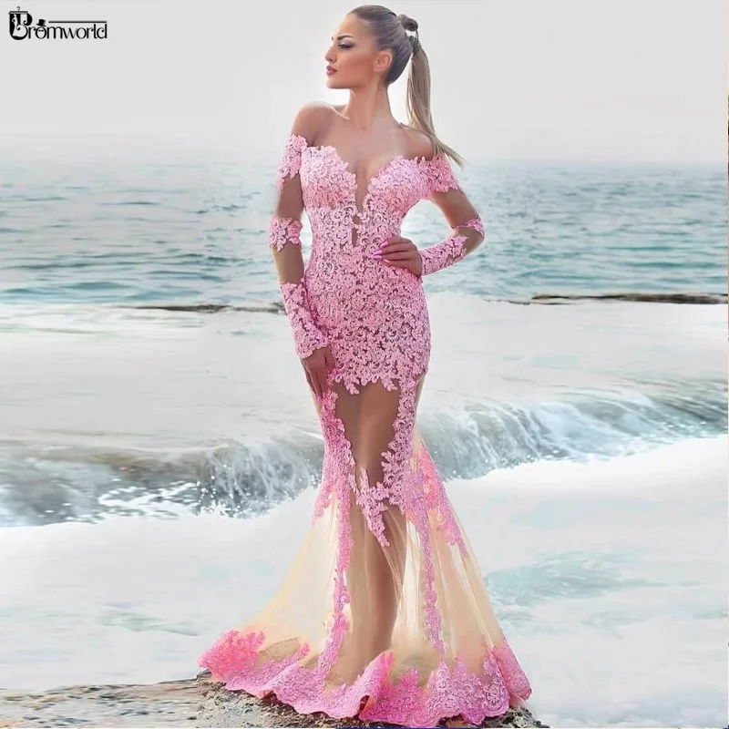 Uit de Schouder Roze Dubai Formele Jurk Vrouwen Applicaties Lace Lange Mouwen Avondjurken Mermaid Prom Avondjurken 2019 Uit de Schouder Roze Dubai Formele Jurk Vrouwen Applicaties Lace Lange Mouwen Avondjurken Mermaid Prom Avondjurken 2019