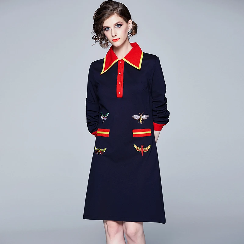 

Fashion Designer Bees Embroidery Dress Autumn Runway Contrast Color Striped Women Dresses Lapel Collar Office Lady A-Line Dress
