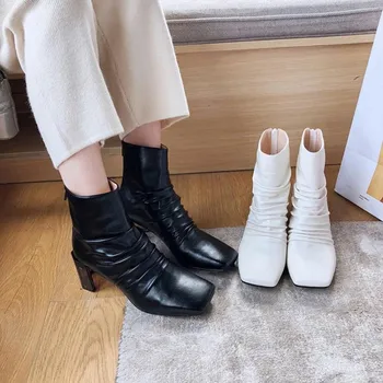 

Strange Style Heel Leather Women Ankle Boots Luxury Design Pleated Zip Female Shoes Spring Fall Runway Square Toe Women Boots