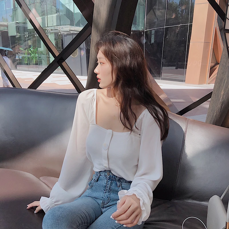 Moda feminina/женская одежда; футболки с длинными рукавами; свитеры с пуговицами; однотонные повседневные стильные Осенние футболки с квадратным воротником; vetement femme
