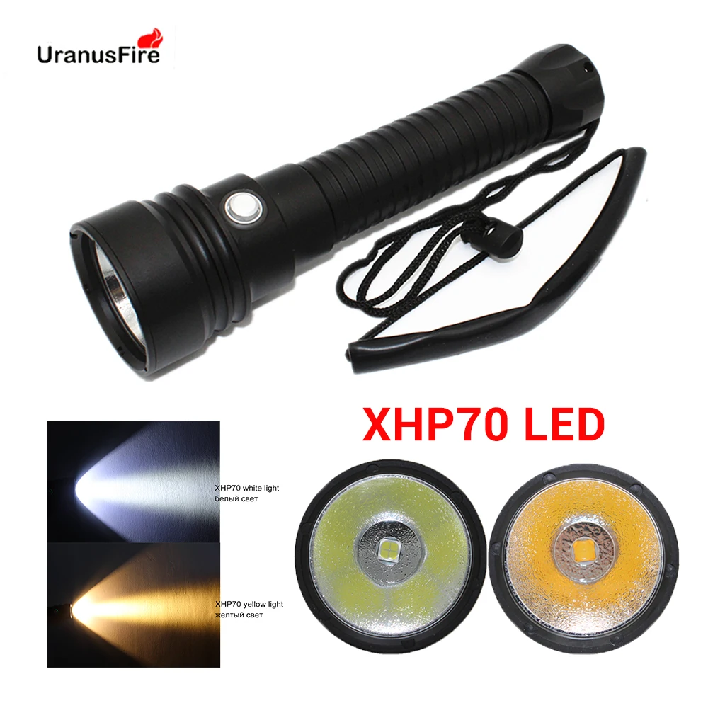 

Dive 100 Meter XHP70 Scuba Diving Flashlight Waterproof 26650 Lantern XHP70.2 White Yellow Light Stepless Dimming Torch Lamp