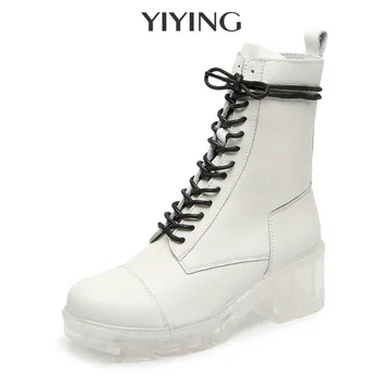

Fashion Zipper Flat Shoes Woman Cool High Heel Platform Genuine Leather Boot INS Street Lace Up Women Shoes White