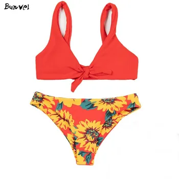 

bunvel Bikinis 2020 Bohemian Pleated Sunflower Pattern Bathing Suit Brazilian High Waist Floral Print Beach Wear Swimming Suit