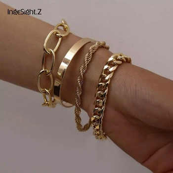IngeSight.Z 4Pcs/Set Hip Hop Chunky Thick Miami Curb Cuban Bracelets Bangles Punk Metal Twisted Rope Chain Bracelet Jewelry Gift