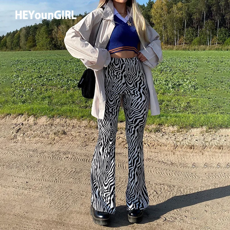 Брюки HEYounGIRL женские длинные с принтом зебры винтажные модные облегающие