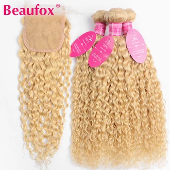

Beaufox 613 Blonde Bundles With Closure Brazilian Water Wave Bundles With Closure Remy Blonde Human Hair Bundles With Closure
