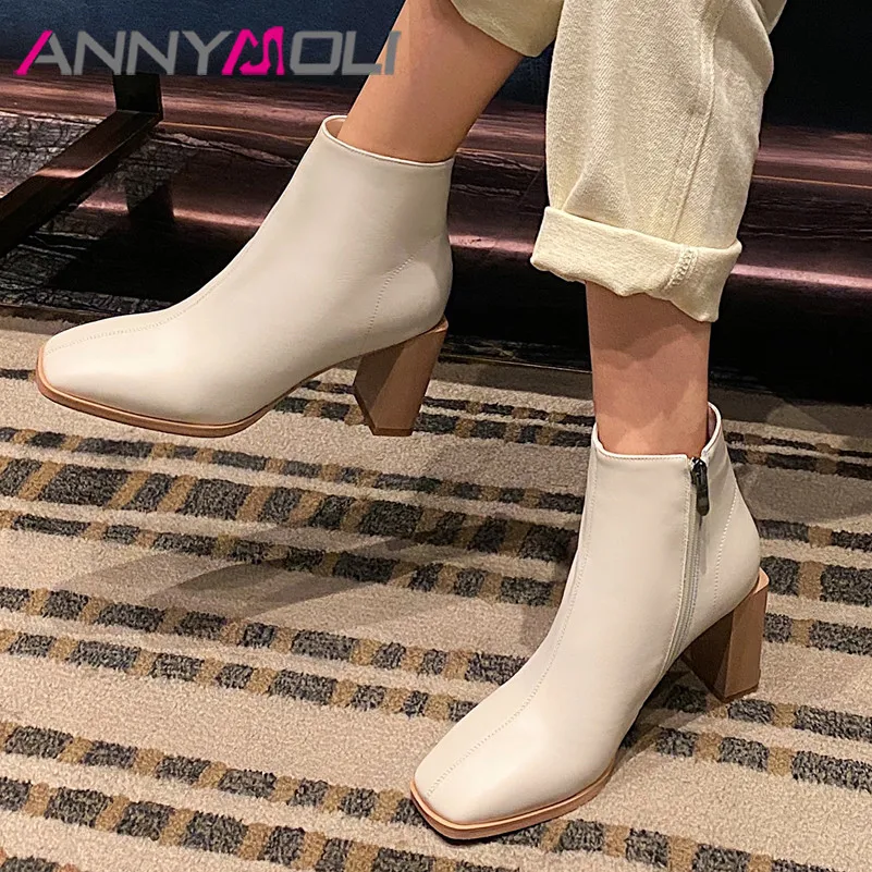 

ANNYMOLI Genuine Leather High Heel Ankle Boots Short Boots Women Shoes Square Toe Thick Heels Zip Lady Footwear Autumn White 42