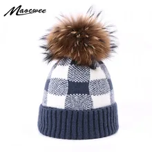 Зимняя шапка с помпоном Skullies Beanie, Классическая клетчатая шапка для мужчин и женщин, теплая вязаная Толстая шапка с меховым помпоном