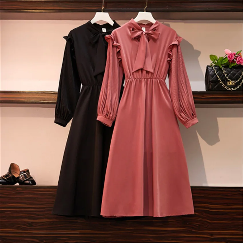 French Style Bow Ruffle Elegant Dress Women Long Sleeve Slim Waist Pleated Autumn Plus Size Dresses Vestido De Mujer | Женская одежда
