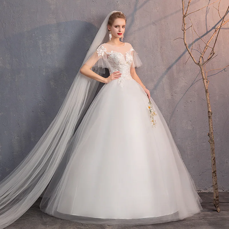 Robe De Mariee свадебное платье с иллюзией бальное платье с круглым вырезом и коротким рукавом на шнуровке свадебное платье с аппликацией для невесты Gelinlik