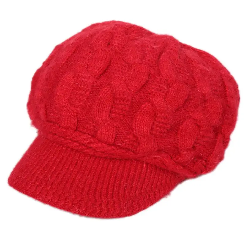 Красный Womens Winter Chunky Cable Knit Beanie Hat with Visor Soft Plush Ski Beret Cap - Цвет: Красный