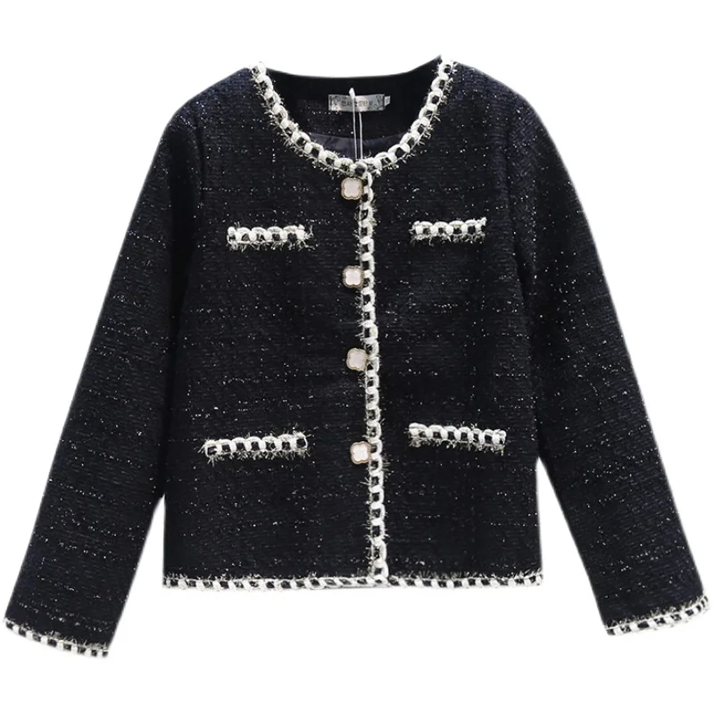 

2021 New Fashion Little Fragrant Wind Jacket Ladies Tweed Black Short Coat Women Vintage clothes High Quality Outerwear H1509