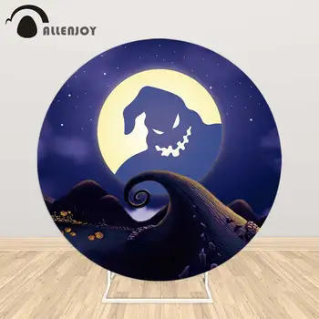 

Allenjoy Halloween Backdrop Pumpkin Full Moon Night Background Photo Studio Ghost Cartoons Round Table Cover Photographing