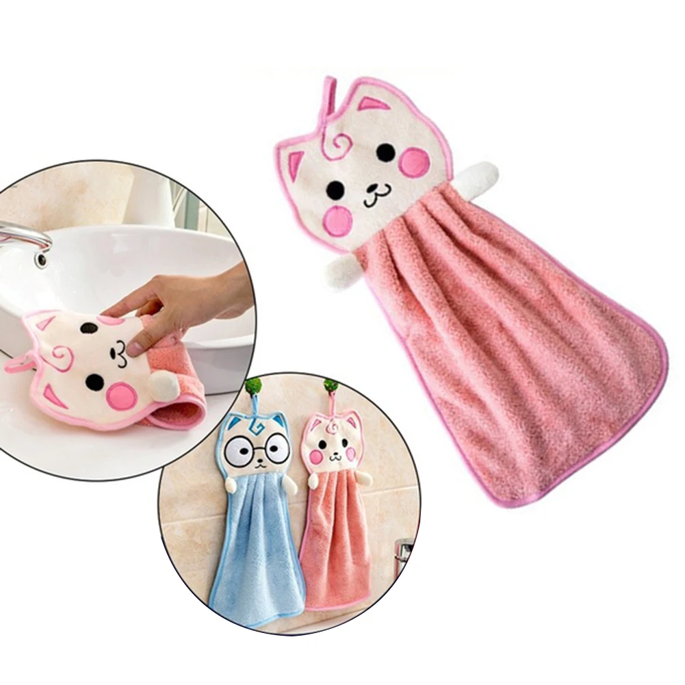 Bathroom Lovely Cats Pattern Soft Skin-friendly Hanging Absorbent Dish Hand Towel Dishcloth Rag Household Cleaning Accessories