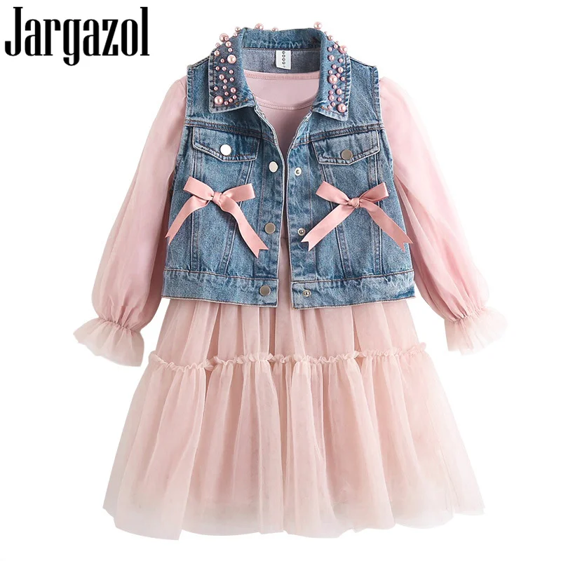 

Jargazol Kids Clothes Autumn Pearl Bow Denim Vest&mesh Long Sleeve Dress Little Girl Clothing Set Fall Costume Teenagers Outfits