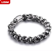 Панк 22,5 см длинный Череп Браслеты для мужчин из нержавеющей стали блестящий Череп Шарм звено цепи Brecelets мужской Готический ювелирные изделия