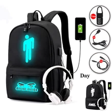 팝 가수 빌리 eilish 배낭 십대 소년 소녀 빛나는 학교 가방 usb 충전 도난 방지 방수 노트북 배낭(China)