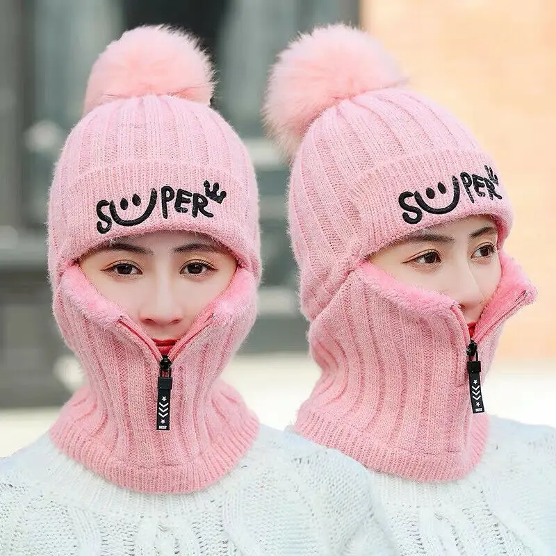 Pink HIRIGIN thick warm knitted hat winter women smile face beanie earmuffs zipper decoration fur hat winter - Color: Pink