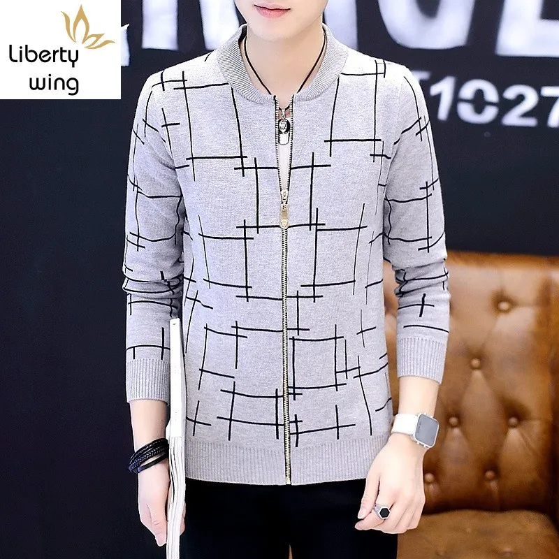 

Men Knitting Jacket Spring Autumn Zipper Stand Collar Casual Cardigan Sweaters Outerwear Street Fashion Plaid Slim Sweater Male
