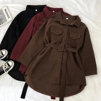 

Corduroy Long Sleeve Dress Women Solid Buttons Pockets Turn-down Collar Simple Elegant Sashes All-match Womens Vintage Harajuku