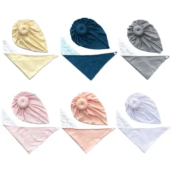 

2Pcs Baby Knot Round Ball Cap+Saliva Towel Set Stretchy Infant Newborn Headwear Turban Beanie Hat Feeding Bib Scarf Kit