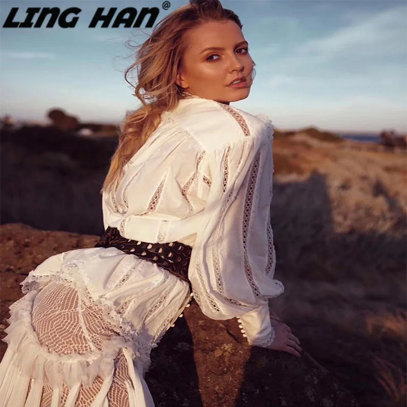 LING HAN элегантная открытая вышивка белая хлопковая блузка рубашка для женщин дизайнерский бренд фонарь рукав сексуальная блузка рубашка Топы