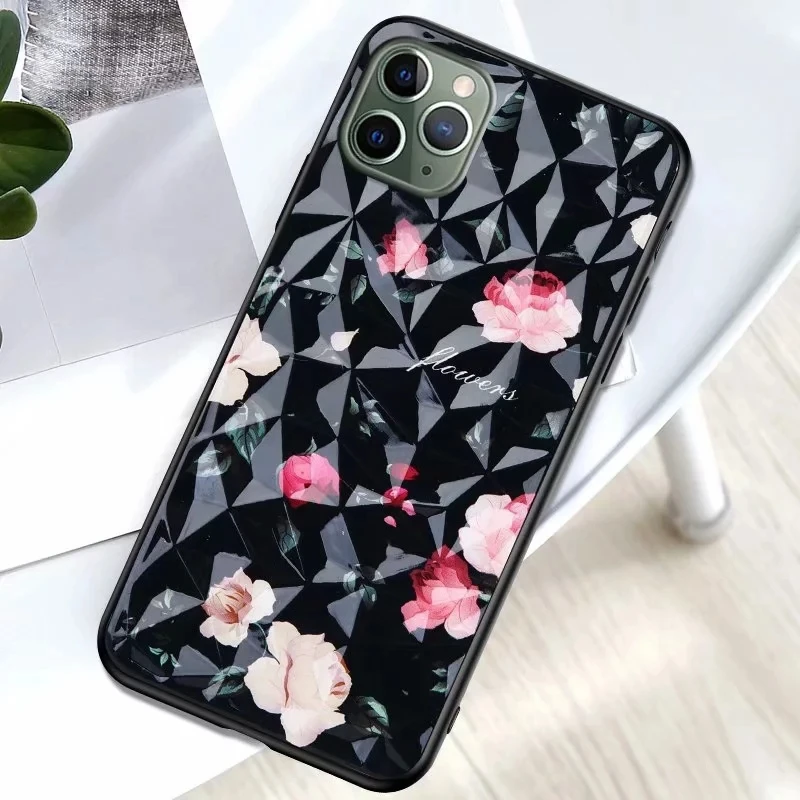 3D стереоскопический блестящий чехол с цветами и бриллиантами для Iphone 11 Pro Max XR XS X 8 7 6, твердый ПК акриловый+ ТПУ Роскошный 100 шт