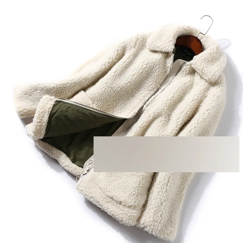 B1137 Fold-down Collar Long Sleeve Thick Warm Lambs Wool Coat