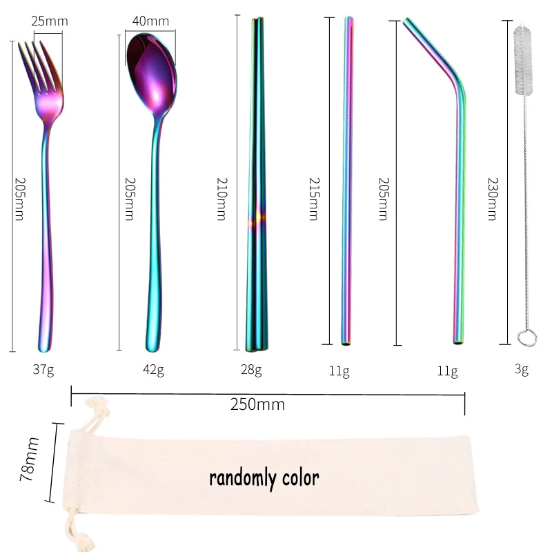 7pc 304 Stainless Steel Fork Spoon Chopsticks Set Creative Portable Tableware Straw Fork Chopsticks 7 Pieces Dinnerware Set