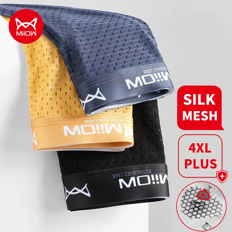 MiiOW 3Pcs Sexy Mesh Men Boxer Underwear Graphene Antibacterial Male Panties Ice Silk Underpants Breathable 4XL Boxershort 2022 | Мужская