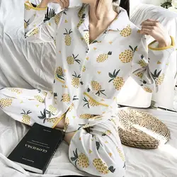 Женский пижамный комплект из чистого хлопка с милым рисунком ананаса, с отложным воротником, с длинными рукавами, женский кардиган + штаны, 2