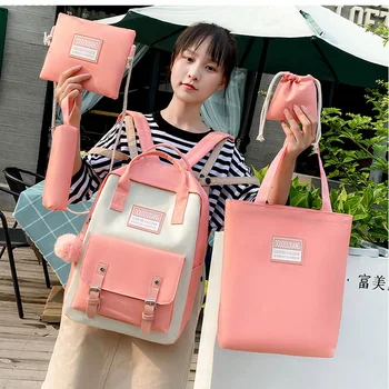 

5 Piece Set School Bags for Teenage Girls Panelled Canvas Backpack Women Bookbags Patchwork Junior High Schoolbag Teen Rucksack