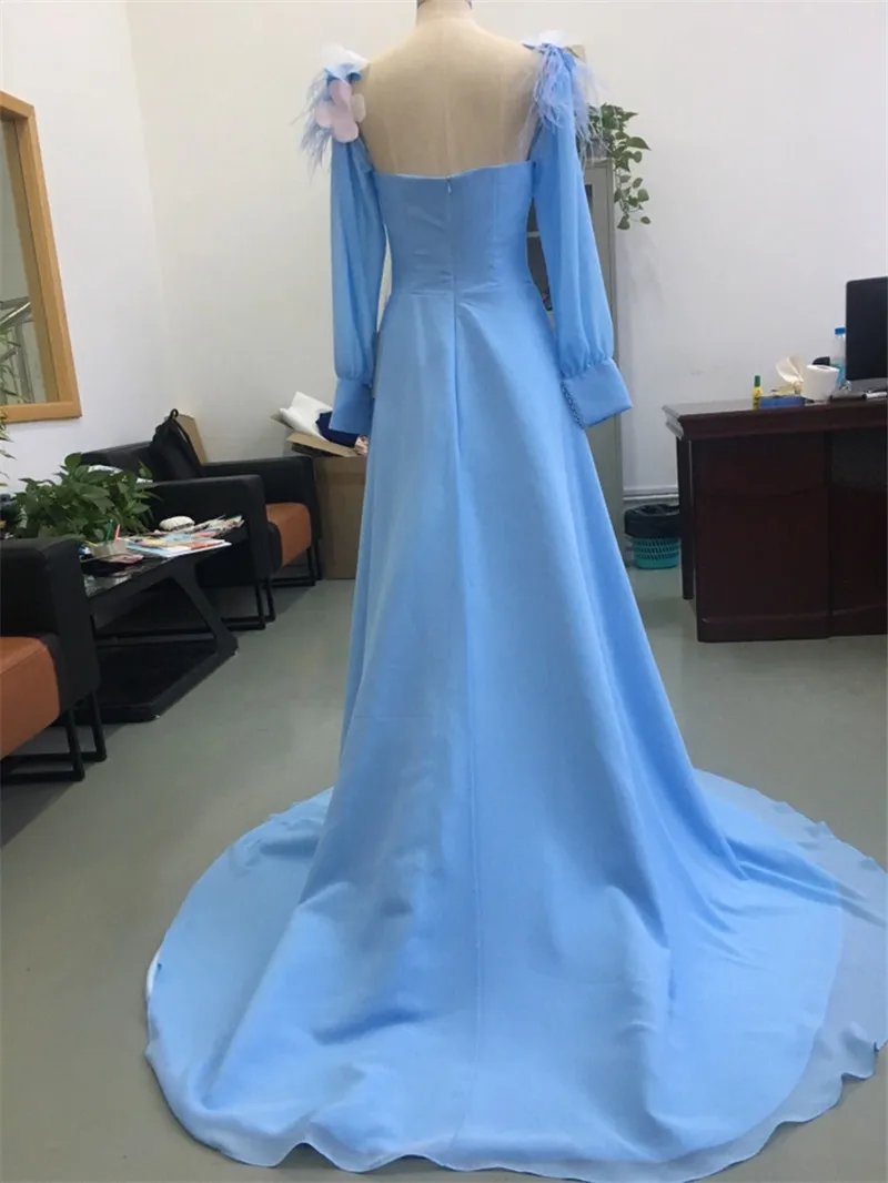 Elegant Strapless Long Chiffon Prom Dresses Charming Flowers Puff Sleeve Prom Gowns A-Line Party Dresses Vestidos De Gala