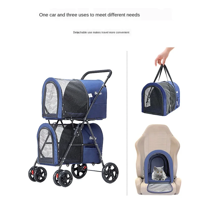Light-folding-double-layer-pet-stroller-dog-pet-detachable-cat-cage-four-wheeled-outdoor-trip.jpg Könnyű Összecsukható Kettősrétegű Kisállat Babakocsi Kutya Kisállat Leszerelhető Macska Ketrec Négykerekű Kültéri Kirándulás - Image 3