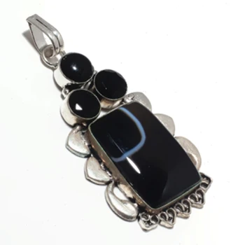 

Botswana Agates + Black Onyx Pendant Silver Overlay over Copper , 77 mm, P6831