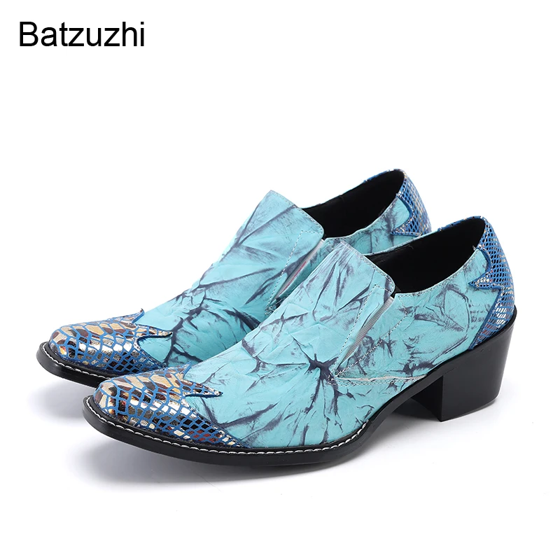 Batzuzhi Luxury Handmade Men's Shoes Pointed Toe Blue Genuine Leather Dress Shoes Men 6.5cm High Heels for Party and Wedding!