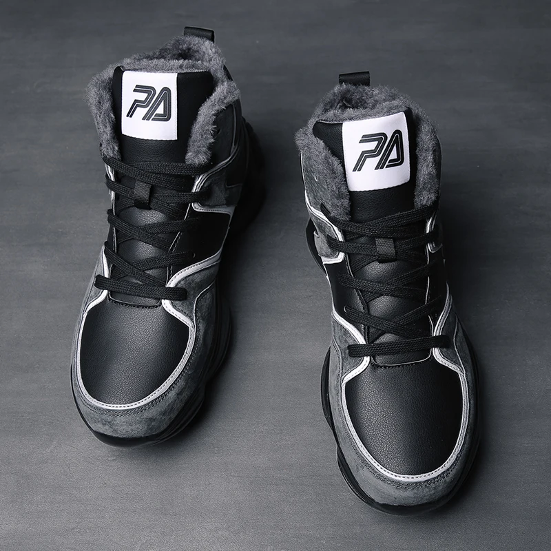 Men Boots Men Winter Super Warm Snow Boots Fur Plush High Top Ankle Boots Waterproof Sneakers Work Shoes Men Botas krasovki - Цвет: Plus velvet Black