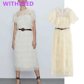 

Withered new summer dress women england office lady elegant cauze dot embroidery vestidos de fiesta de noche vestidos midi dress