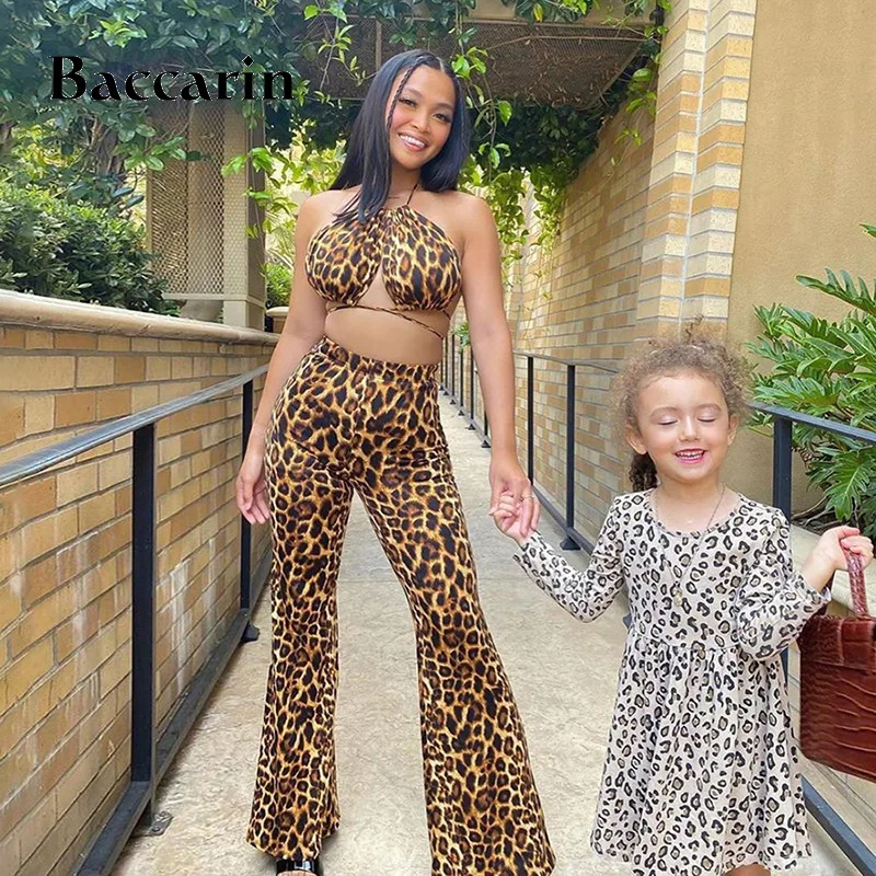 

Baccarin leopard women two piece set crop top lace up cross camisoles halter backless bell pants streetwear club autumn winter