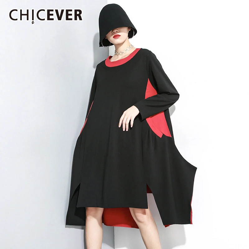 CHICEVER Hit Color Irregular Dress For Women O Neck Long Sleeve Oversize Loose Casual Side Split Dresses Female 2020 Fashion New | Женская