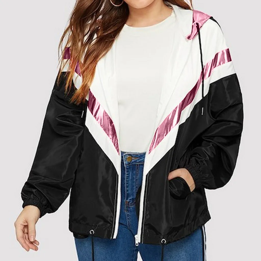 

Feitong Women Hooded Sports Jacket Autumn Long Sleeve Patchwork Women's Windbreaker Lightweight Jacket Zipper Cortaviento Mujer