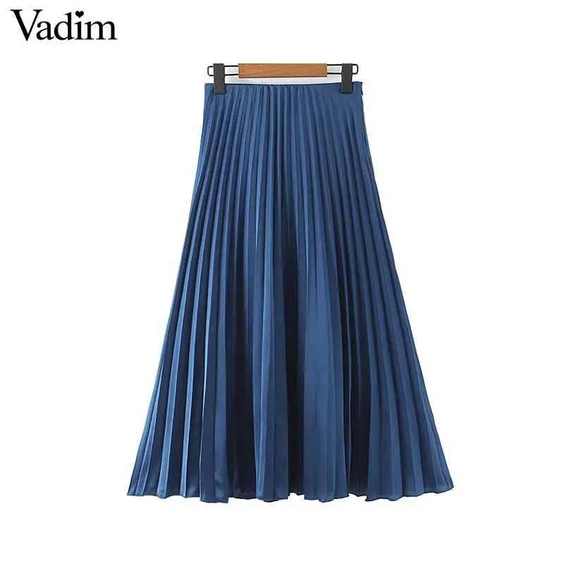 Vadim Женская стильная синяя плиссированная юбка mujer с боковой молнией дизайн женский с эластичной талией повседневные однотонные юбки до середины икры BA778