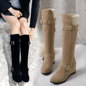 

2019 New fishion Winter Warm Fur Knee High Boots Womens Boots height increasing Side Zipper buckle Female Shoes Large Size34-43