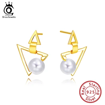 

ORSA JEWELS Sterling Silver Simulated Pearl Stud Earrings Gold Plated Triangle Shape Female Fashion High Fine Earr Jewelry SE178