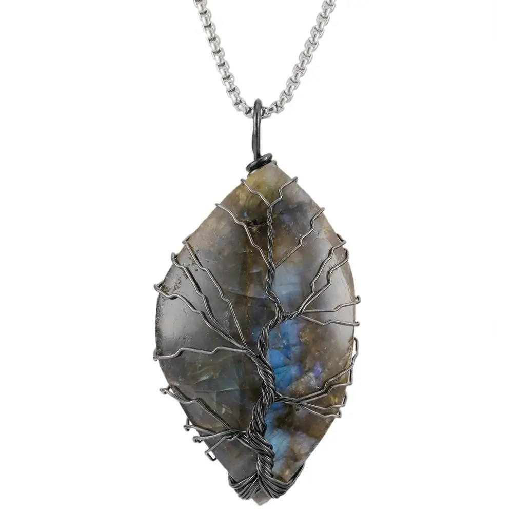 TUMBEELLUWA Wire Wrapped Tree of Life Irregular Labradorite Pendant for Necklace Healing Reiki Natural Stone Charms Jewelry