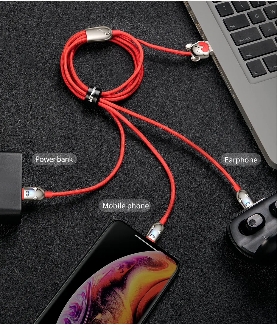 Baseus, милый USB кабель для iPhone 11, XR, 8, 6, samsung, Xiaomi, huawei, 3 в 1, зарядное устройство для мобильного телефона, Тип C, Micro USB C кабель